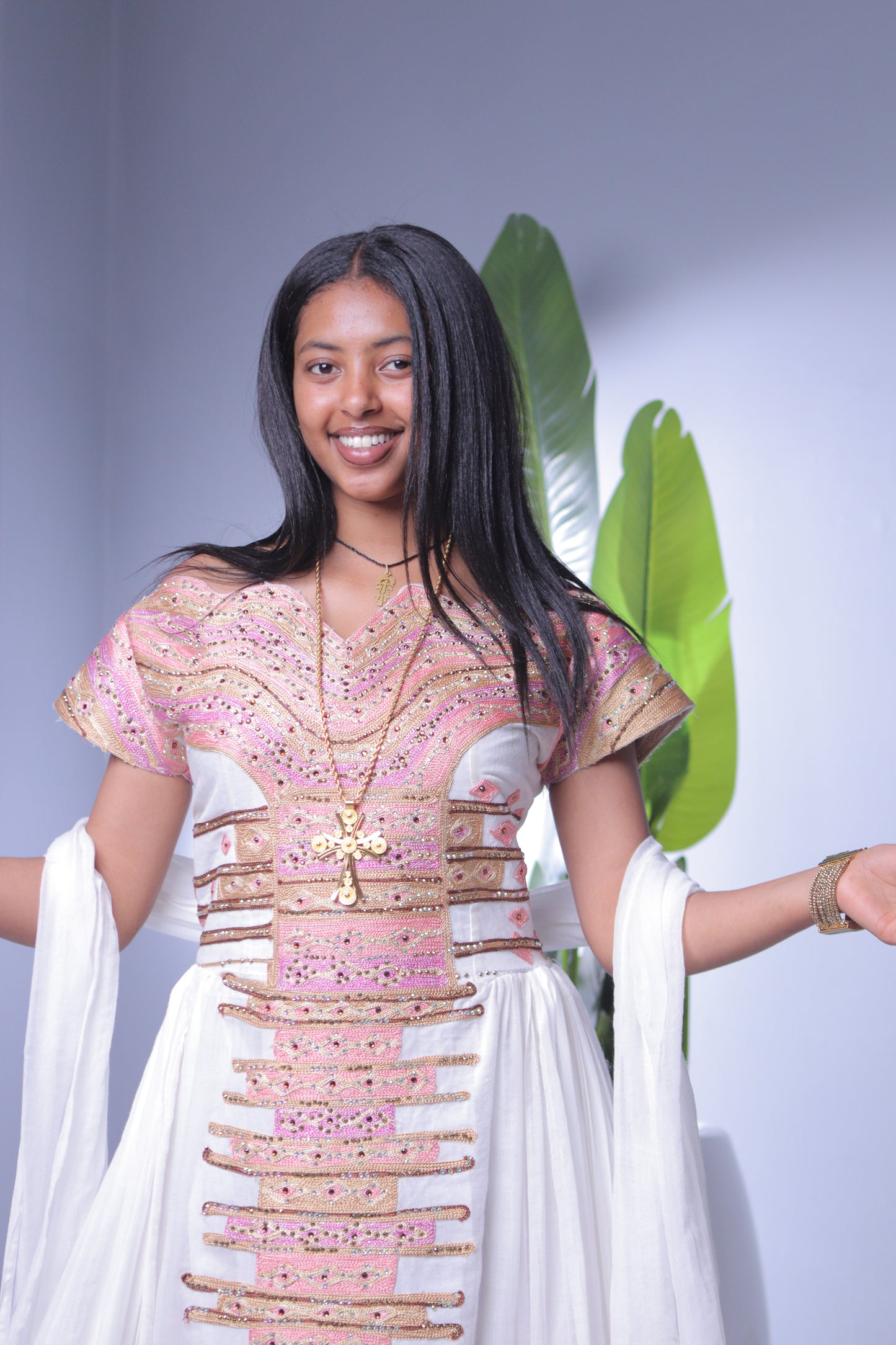 Blush Harmony Short-Sleeve Habesha Dress | Elegant Ethiopian Kemis Hab245