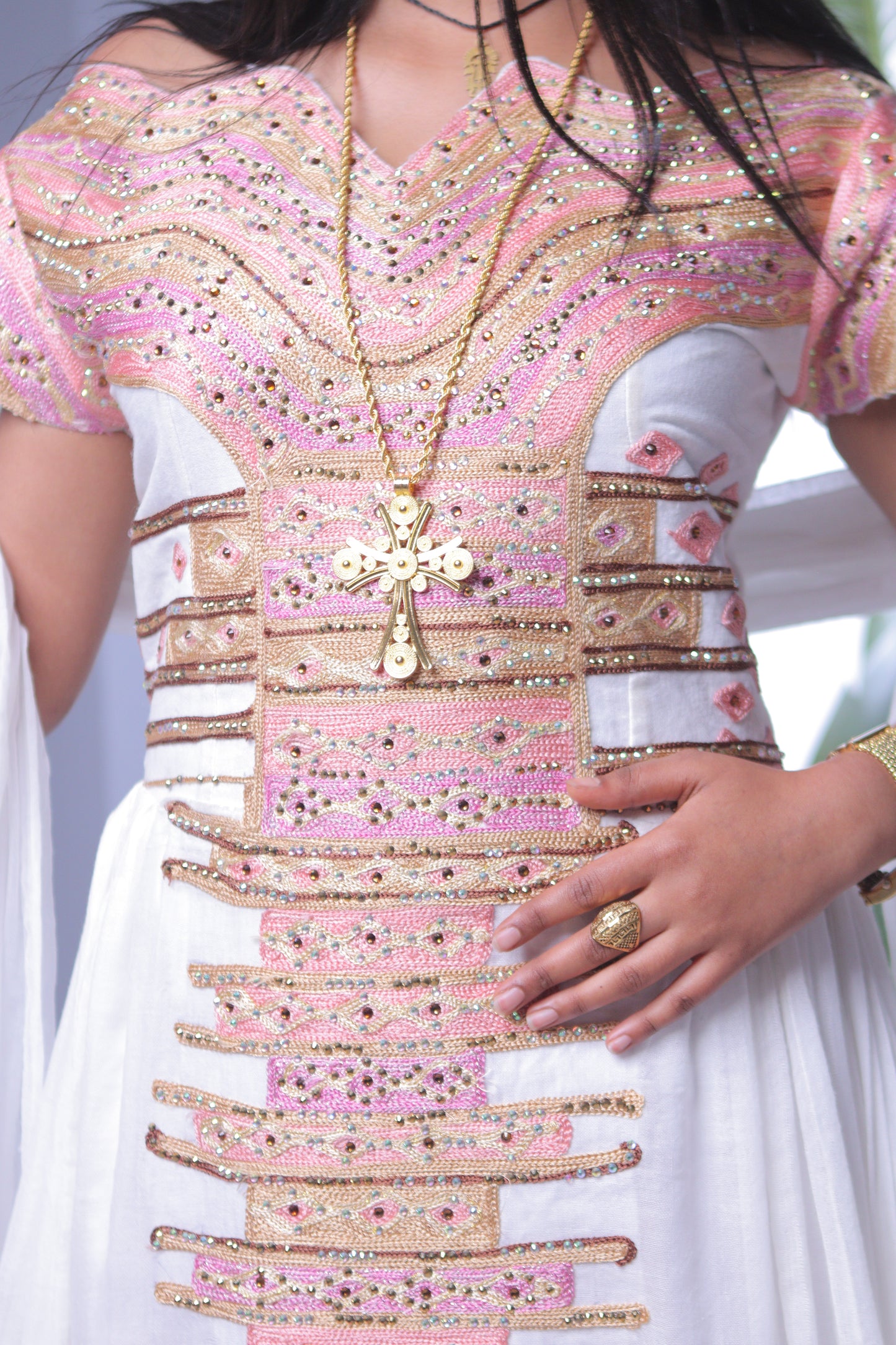 Blush Harmony Short-Sleeve Habesha Dress | Elegant Ethiopian Kemis Hab245