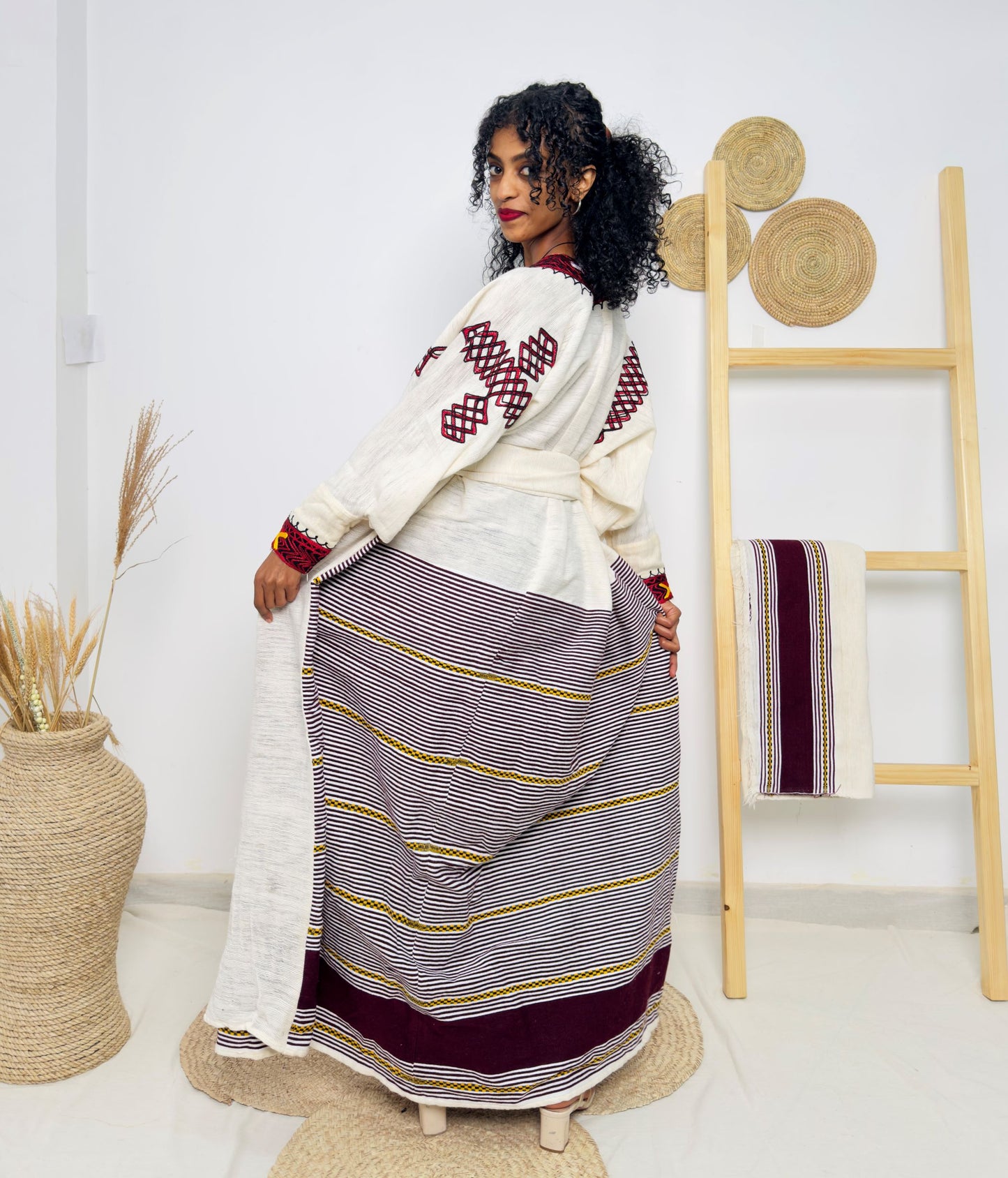 Elegant Ethiopian Dress | Handwoven Habesha Kemis | Traditional Cultural Gown | Handmade Cotton Dress | Red & Yellow Tibeb Embroidery Hab168