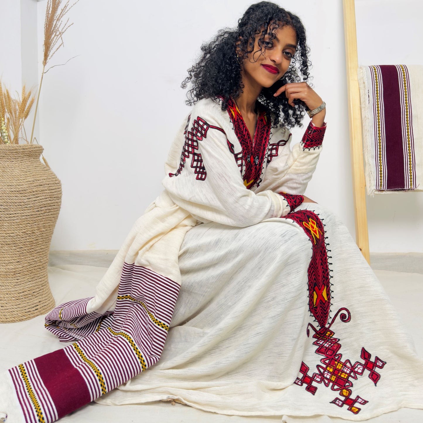 Elegant Ethiopian Dress | Handwoven Habesha Kemis | Traditional Cultural Gown | Handmade Cotton Dress | Red & Yellow Tibeb Embroidery Hab168