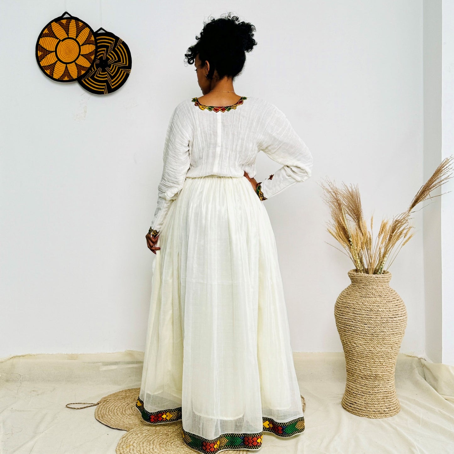 White & Yellow Handwoven Habesha Dress | Traditional Ethiopian Kemis with Red and Green Borders | Long Sleeve Front-Tied Style Hab221