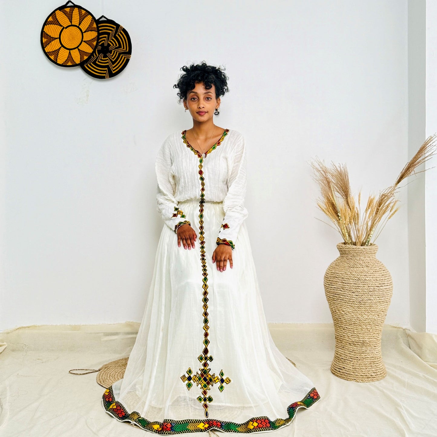 White & Yellow Handwoven Habesha Dress | Traditional Ethiopian Kemis with Red and Green Borders | Long Sleeve Front-Tied Style Hab221