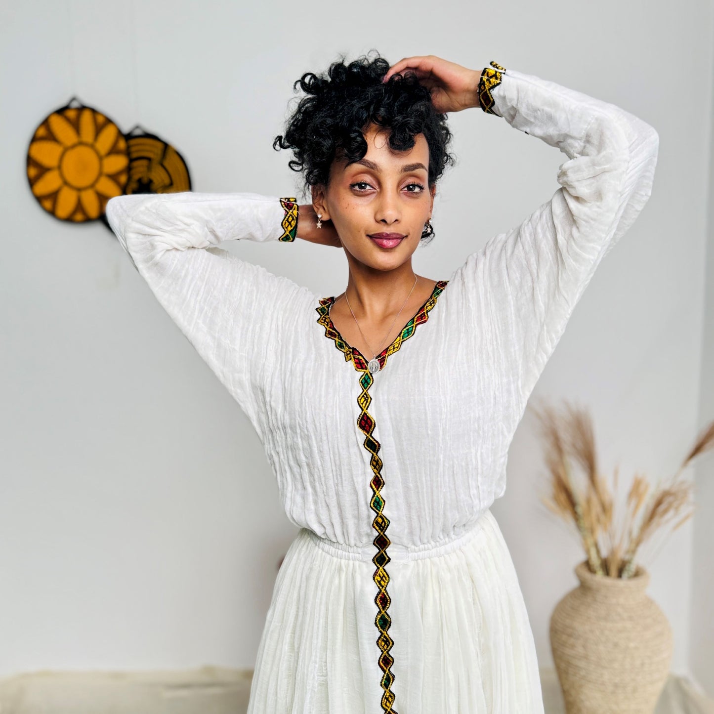 White & Yellow Handwoven Habesha Dress | Traditional Ethiopian Kemis with Red and Green Borders | Long Sleeve Front-Tied Style Hab221