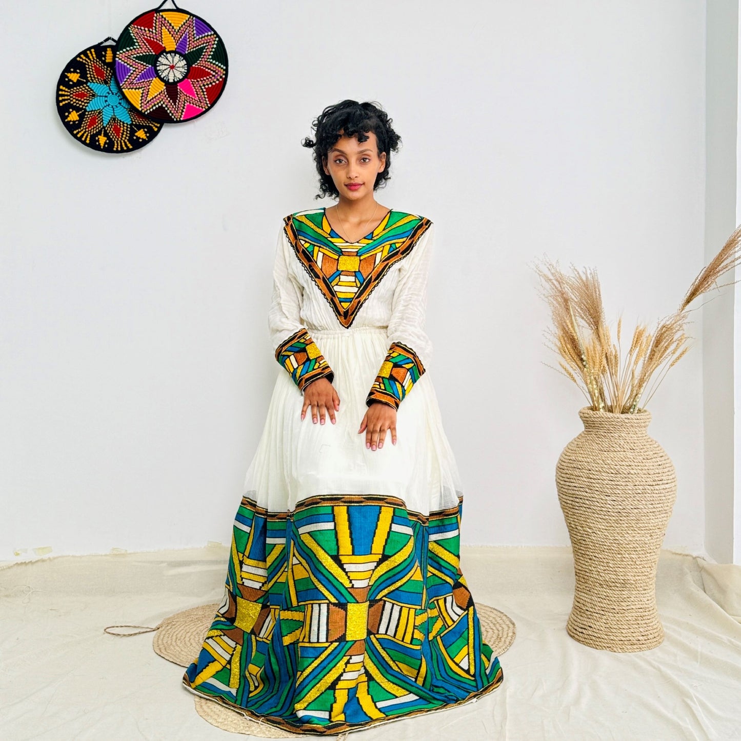 Bold & Colorful Ethiopian Dress | Handwoven Habesha Kemis with Geometric Tibeb Design | Cultural Elegance Hab177