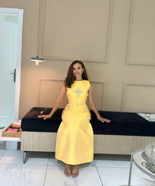 Frtuna - Yellow Handwoven Habesha Kemis with Subtle Cross Embroidery | Habesha Clothing Hab295