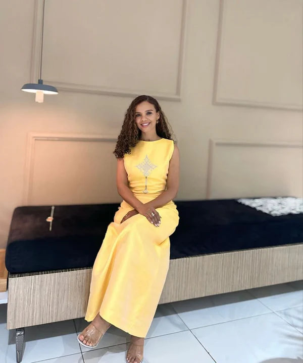 Frtuna - Yellow Handwoven Habesha Kemis with Subtle Cross Embroidery | Habesha Clothing Hab295