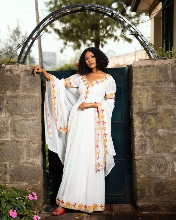 Dagi - Orange and Pink Floral Embroidered Habesha Kemis | Habesha Clothing Hab293