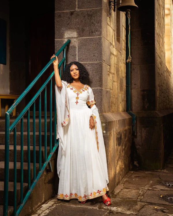 Dagi - Orange and Pink Floral Embroidered Habesha Kemis | Habesha Clothing Hab293