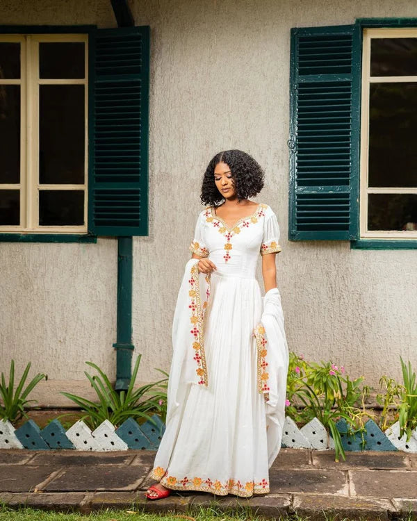 Dagi - Orange and Pink Floral Embroidered Habesha Kemis | Habesha Clothing Hab293