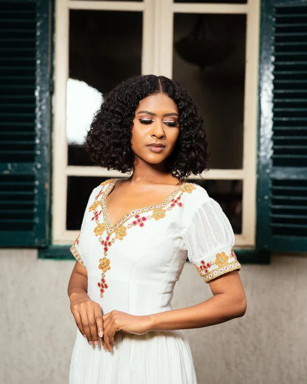 Dagi - Orange and Pink Floral Embroidered Habesha Kemis | Habesha Clothing Hab293