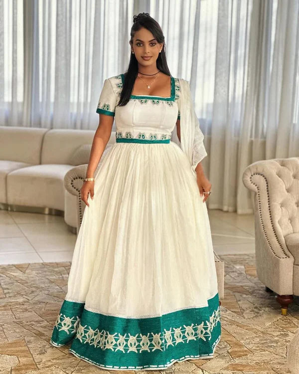 Frehiwot - Green Embroidered Short Sleeve Habesha Kemis | Handmade Ethiopian Traditional Clothing Hab287