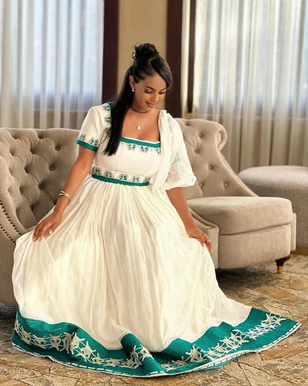 Frehiwot - Green Embroidered Short Sleeve Habesha Kemis | Handmade Ethiopian Traditional Clothing Hab287