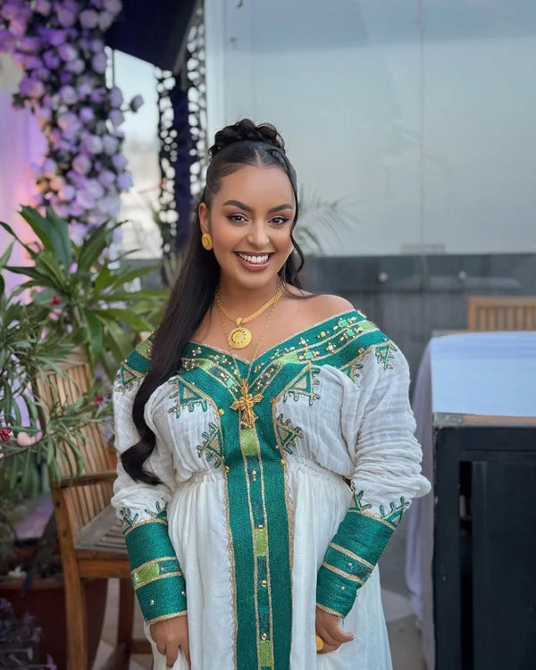 Debora - Teal and Gold Embroidered Habesha Kemis | Elegant Traditional Ethiopian Dress Hab292