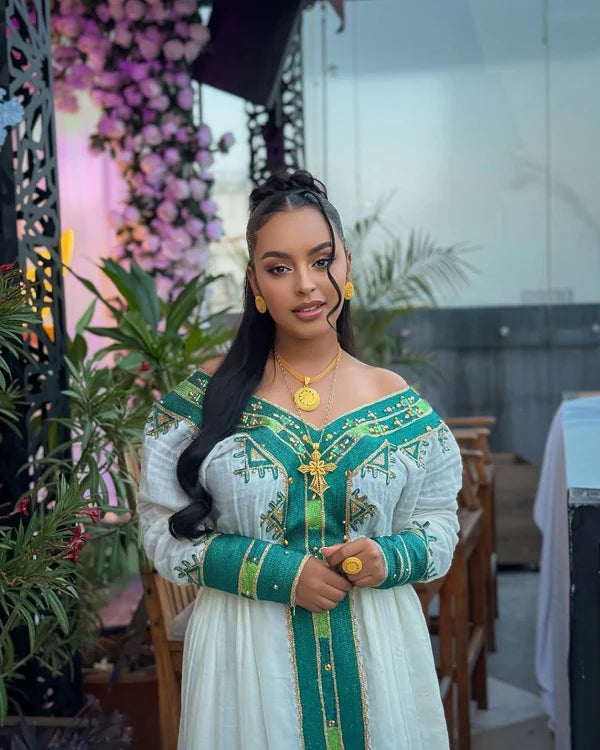 Debora - Teal and Gold Embroidered Habesha Kemis | Elegant Traditional Ethiopian Dress Hab292