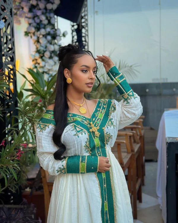 Debora - Teal and Gold Embroidered Habesha Kemis | Elegant Traditional Ethiopian Dress Hab292