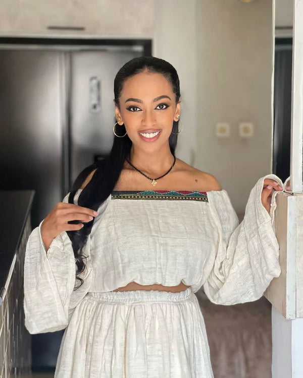 Fkir - Green Red and Black Trim Off-Shoulder Habesha Kemis | Handmade Modern Ethiopian Traditional Dress Hab286