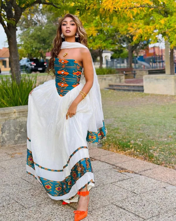 Salina - Teal and Orange Handwoven Habesha Kemis | Modern Habesha Dress Hab284
