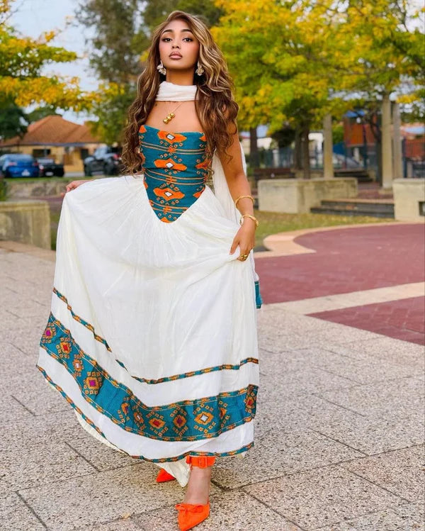 Salina - Teal and Orange Handwoven Habesha Kemis | Modern Habesha Dress Hab284