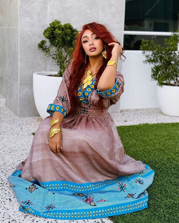 Mahi - Brown Handwoven Habesha Kemis with Blue Tibeb | Ethiopian Traditional Dress Hab283