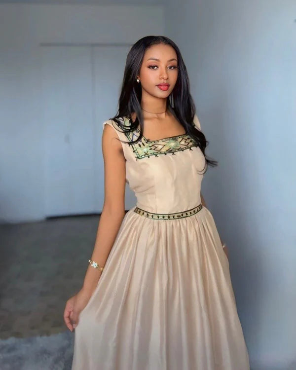 Samrawit - Beige and Green Handwoven Habesha Kemis | Elegant Ethiopian Traditional Dress Hab280