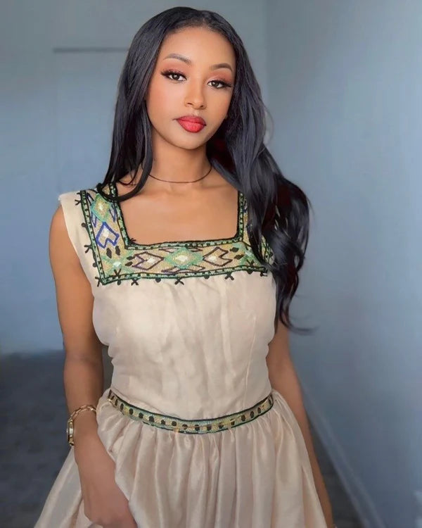 Samrawit - Beige and Green Handwoven Habesha Kemis | Elegant Ethiopian Traditional Dress Hab280