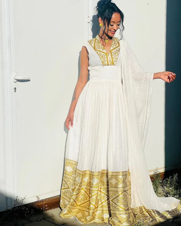 Hiwot - Gold Embroidered Handwoven Habesha Kemis | Traditional Ethiopian Dress Hab281