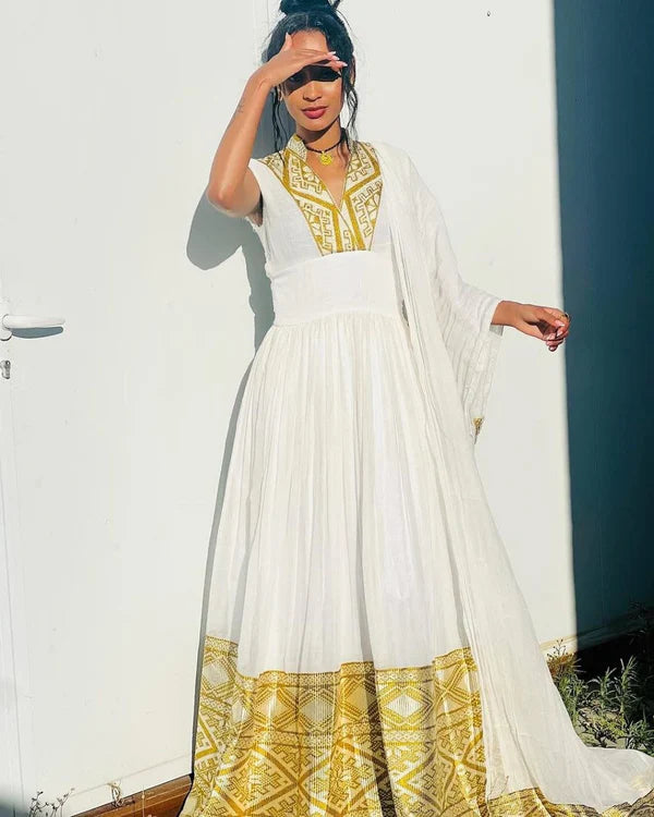 Hiwot - Gold Embroidered Handwoven Habesha Kemis | Traditional Ethiopian Dress Hab281