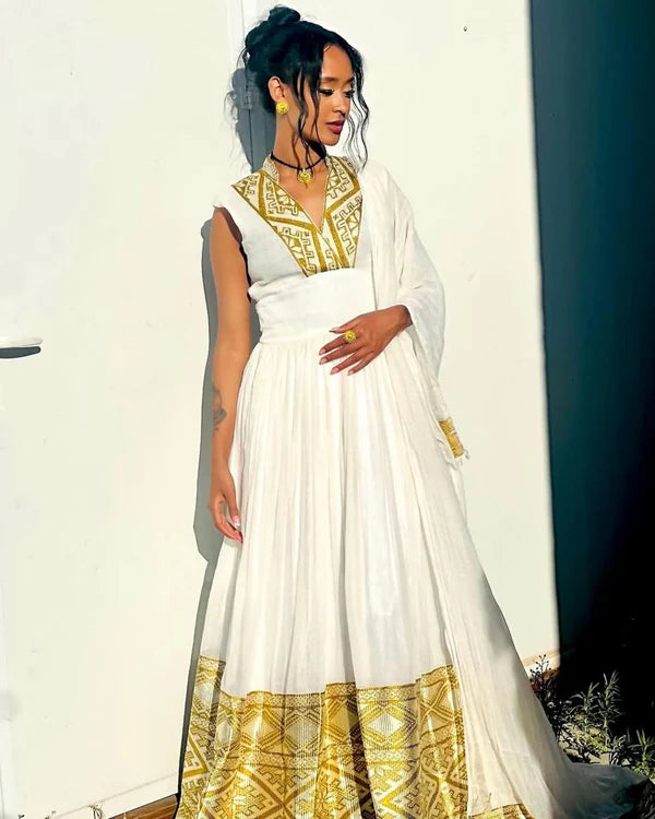 Hiwot - Gold Embroidered Handwoven Habesha Kemis | Traditional Ethiopian Dress Hab281