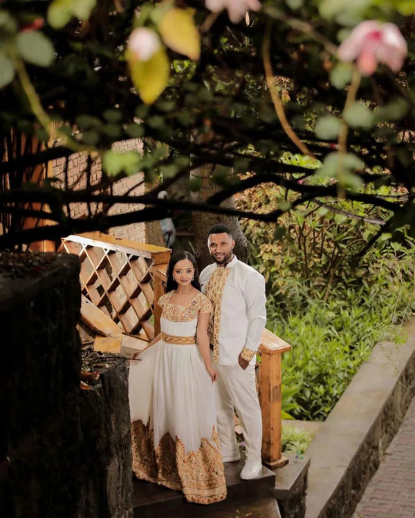 Gold Embroidered Habesha Kemis and Men's Shirt Set | Elegant Ethiopian Wedding Dress Hab277