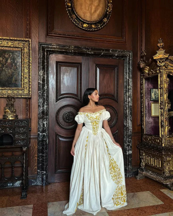 Mesenbet - Gold Embroidered Handwoven Habesha Kemis | Gorgeous Traditional Ethiopian Dress Hab276