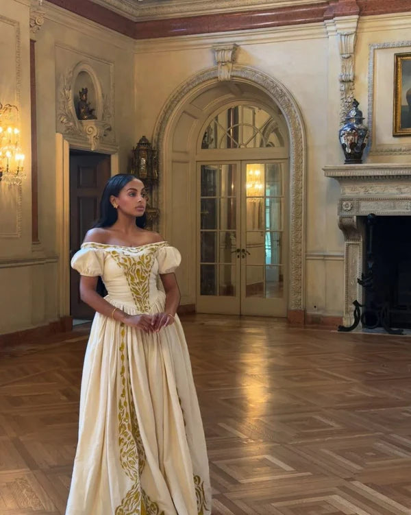 Mesenbet - Gold Embroidered Handwoven Habesha Kemis | Gorgeous Traditional Ethiopian Dress Hab276