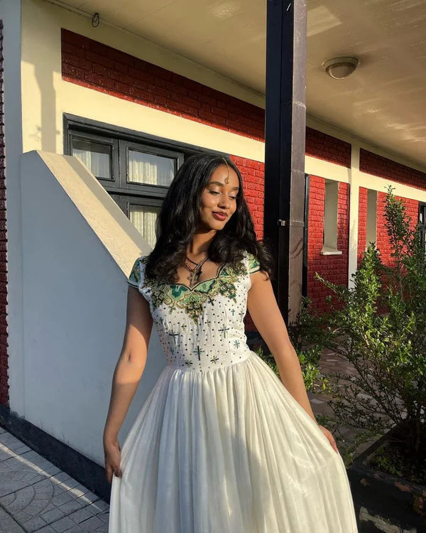 Kidist - Green and Gold Embroidered Handwoven Habesha Kemis | Elegant Eritrean and Ethiopian Traditional Dress Hab274