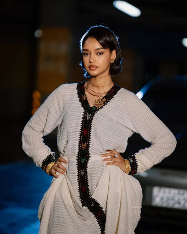 Mahider - Black and Gold Tilet Embroidered Handwoven Habesha Kemis | Stylish Modern Ethiopian Dress Hab272