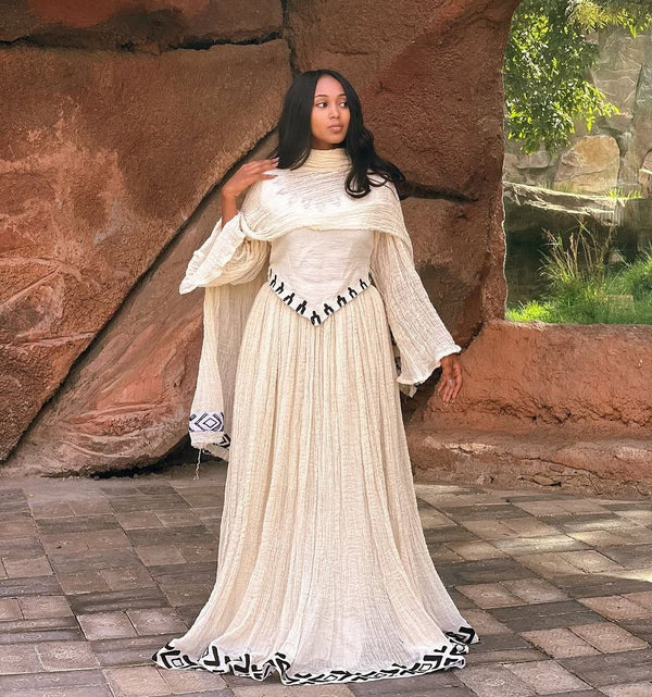 Eden - Black and White Embroidered Handwoven Habesha Kemis | Long Sleeve Traditional Ethiopian Dress Hab270