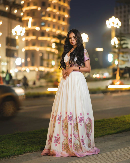 TIRUYE PINK & GOLD EMBROIDERED HABESHA DRESS | ROYAL HABESHA KEMIS FOR WEDDING | CROSS PATTERN DESIGN ETHIOPIAN CLOTHING