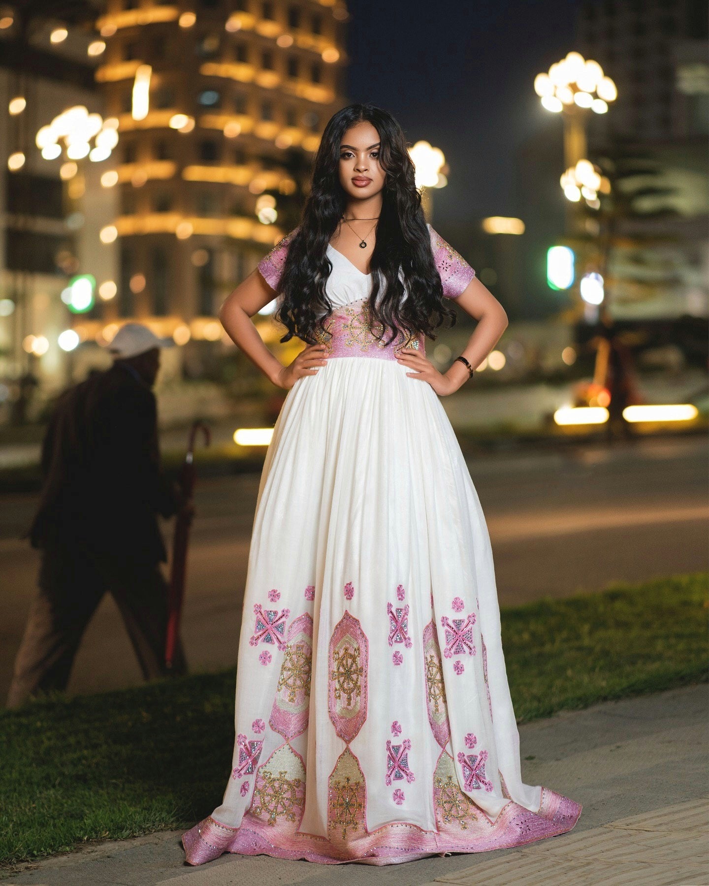 TIRUYE PINK & GOLD EMBROIDERED HABESHA DRESS | ROYAL HABESHA KEMIS FOR WEDDING | CROSS PATTERN DESIGN ETHIOPIAN CLOTHING