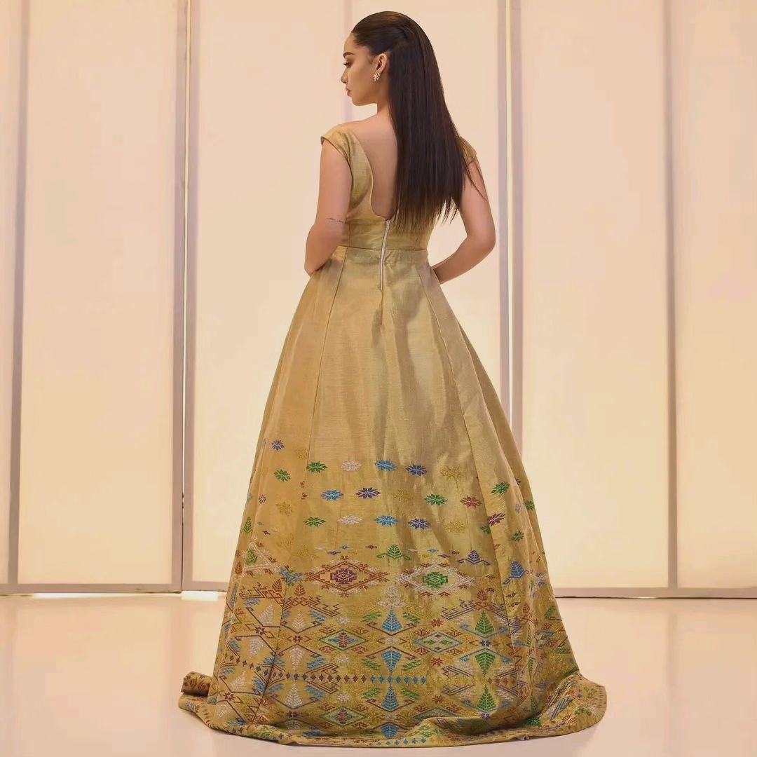 BERASABEH MODERN GOLDEN HABESHA DRESS | COLORFUL TIBEB EMBROIDERY ETHIOPIAN CLOTH | TRADITIONAL HABESHA KEMIS FOR CULTURAL CELEBRATION