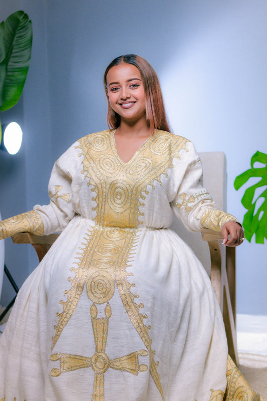 Golden Majesty V-Neck Habesha Dress | Regal Ethiopian Kemis Hab244