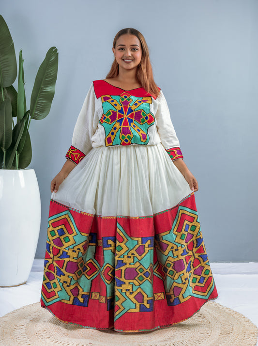 Traditional Ethiopian Habesha Dress | Handmade Cotton | Red & Multicolor Geometric Tibeb | Flowy Fit – Style Hab201
