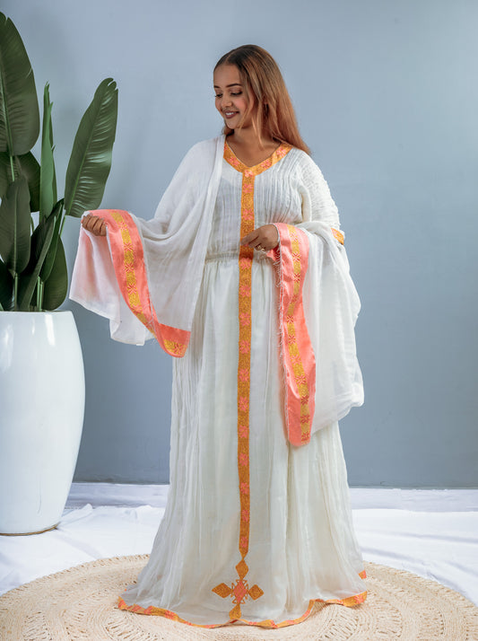 Long White Ethiopian Dress | Gold & Coral Tibeb Trim | Handwoven Cotton | Elegant Traditional Wear | Hab213