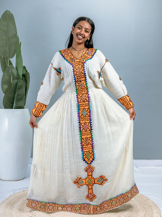 Traditional Ethiopian Habesha Dress | Handwoven Cotton Gown with Cross Design | Orange & Multicolor Embroidery | Flowy Cultural Outfit Hab205
