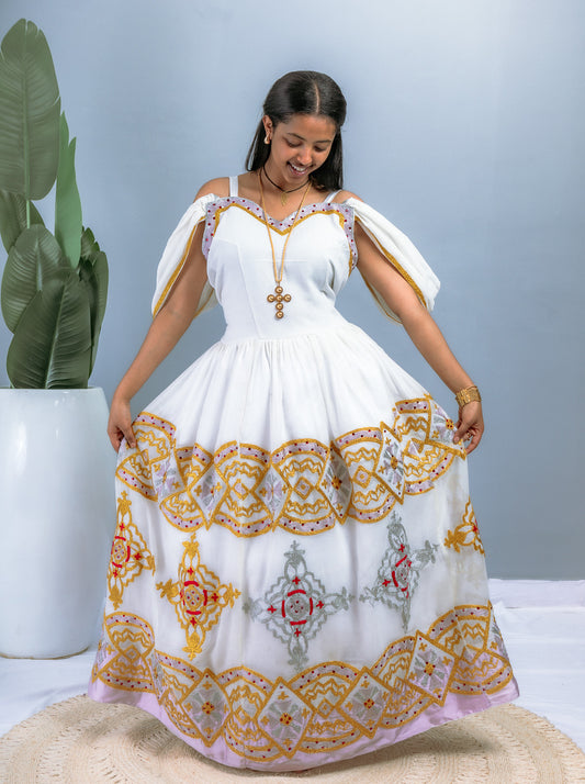 Modern Habesha Dress with Cold Shoulder | Intricate Gold & Silver Embroidery on White Cotton | Elegant Habesha Dress Hab204
