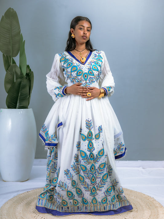 Elegant White Ethiopian Dress | Blue & Gold Peacock-Inspired Embroidery | Sheer Sleeves | Full-Length Handwoven Cotton Hab200