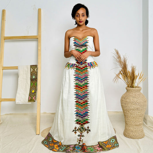 Sleeveless Habesha Dress | Semi-Sweetheart Neckline Elegance | Wedding & Special Occasion Wear | Handwoven Embroidery Hab57