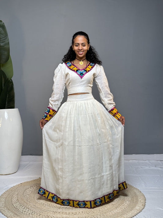 Multicolor Embroidered Long-Sleeve Habesha Dress | Elegant Ethiopian Kemis Hab254
