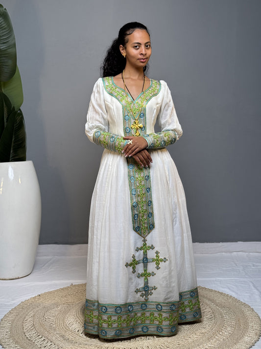 Ivory and Lime Green Handwoven Habesha Kemis | Elegant Ethiopian Dress Hab256