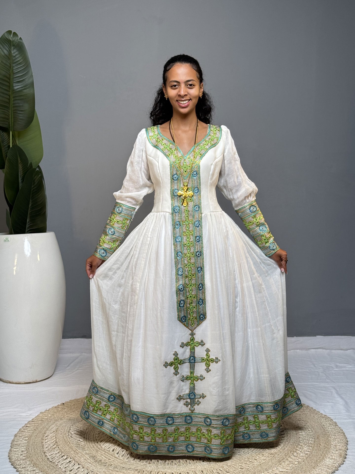 Ivory and Lime Green Handwoven Habesha Kemis | Elegant Ethiopian Dress Hab256