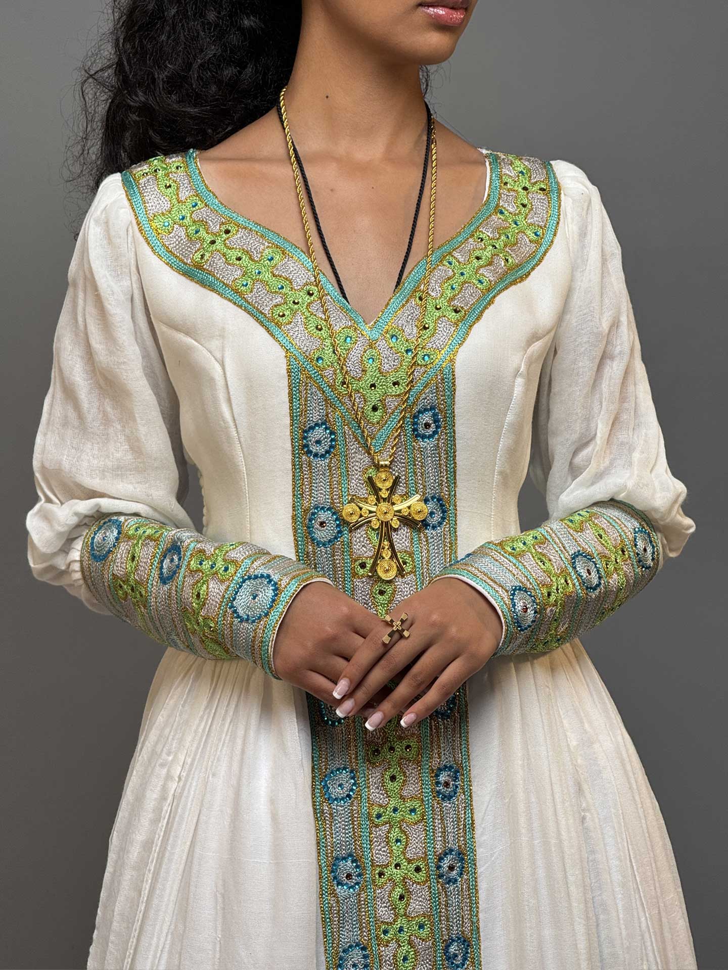 Ivory and Lime Green Handwoven Habesha Kemis | Elegant Ethiopian Dress Hab256