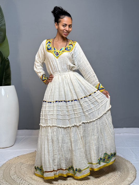 Blue & Yellow Tibeb Cream Tiered Habesha Kemis | Handmade Ethiopian Dress Hab258