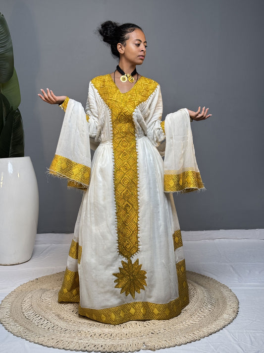 Golden Tibeb Habesha Kemis | Handmade Ethiopian Dress Hab260